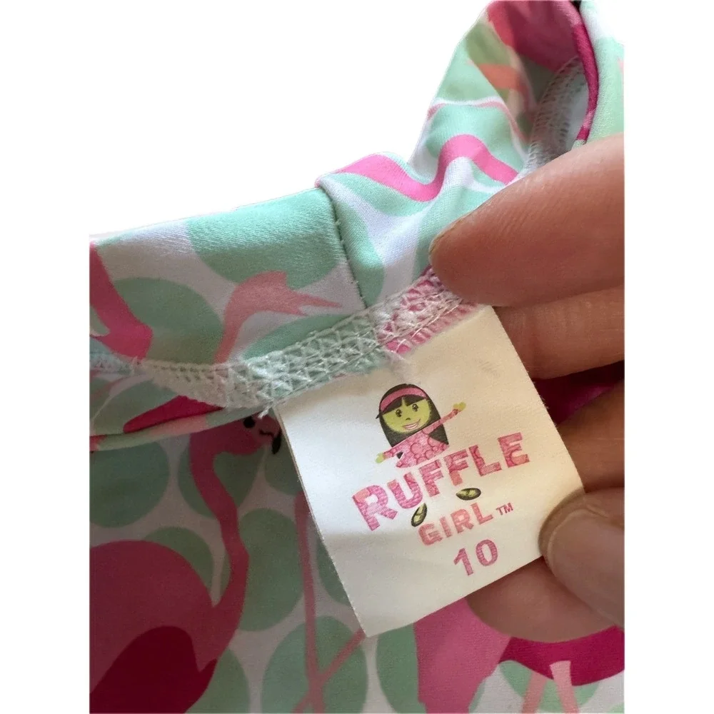 Ruffle Girl Rash Guard Kids Size 10 Pink Flamingo Mint‎ Green Striped Excellent